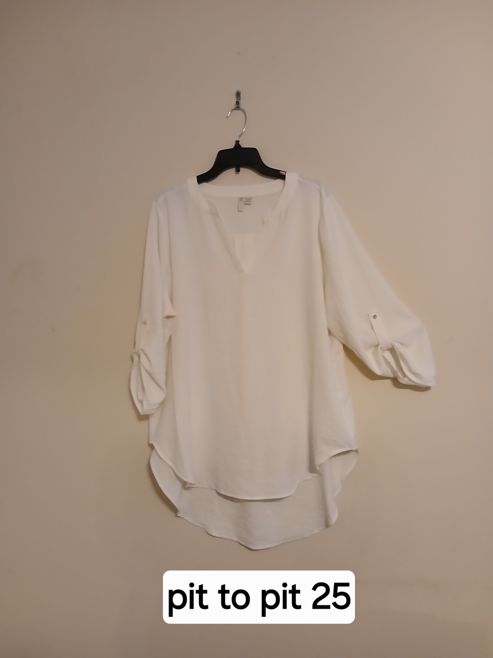 Cato White V-Neck High-Low Tunic with Roll-Tab Sleeves